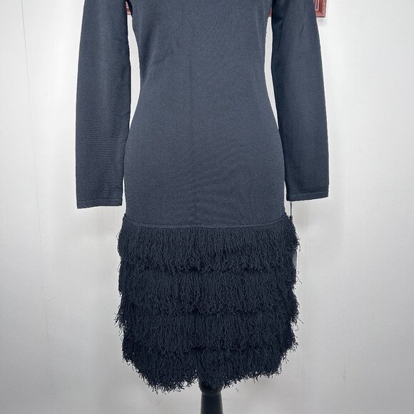 Calvin Klein Sheath Dress Women's Small Shag Fringe Trim Knit Black Party NWT - Picture 2 of 16